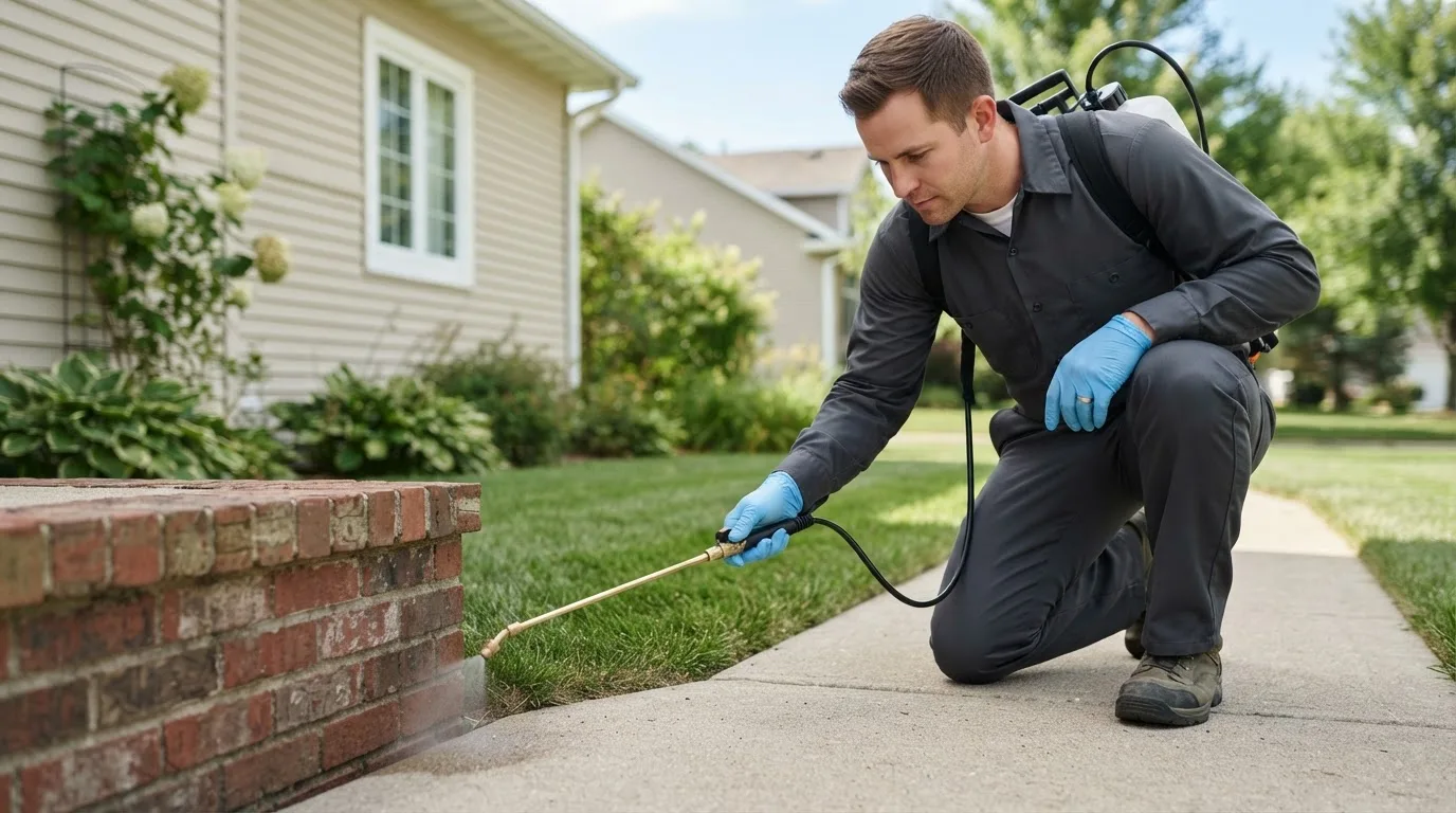 Pest control technician treating a home near Painesville, OH