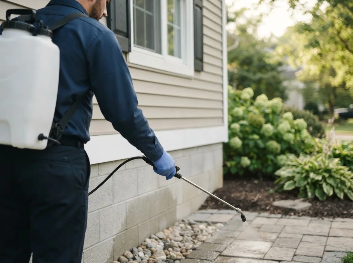 Pest control technician inspecting a home in Painesville, OH